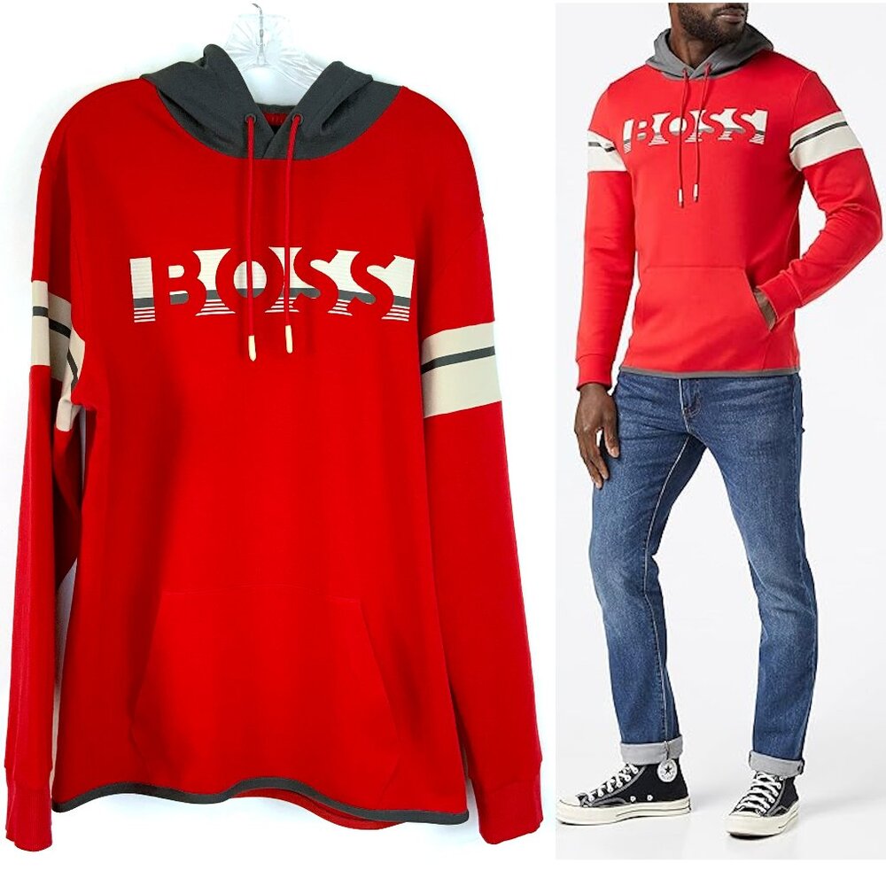 New Hugo Boss Red Hoodie With Gray Hood "BOSS" Logo Sz XL - Picture 2 of 16